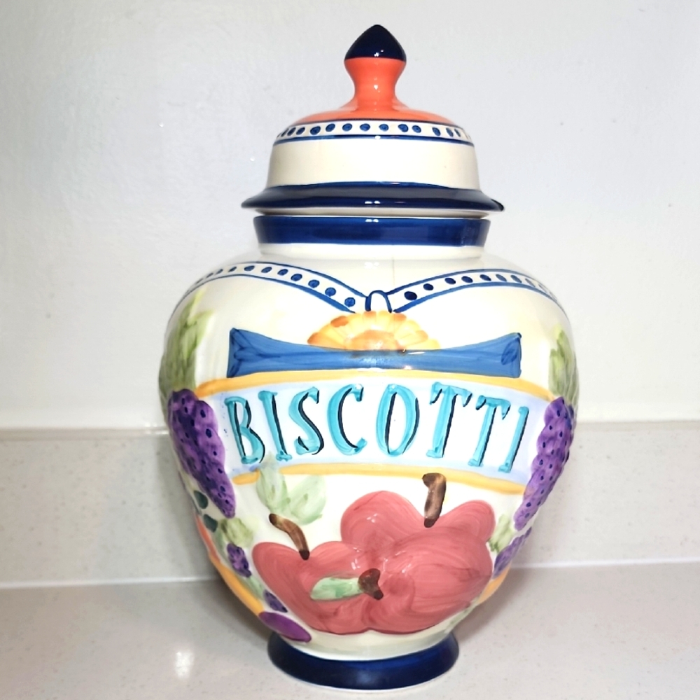 Vintage Ceramic Jar With Beautiful Fruits, Colorful Biscotti Jar Handpainted